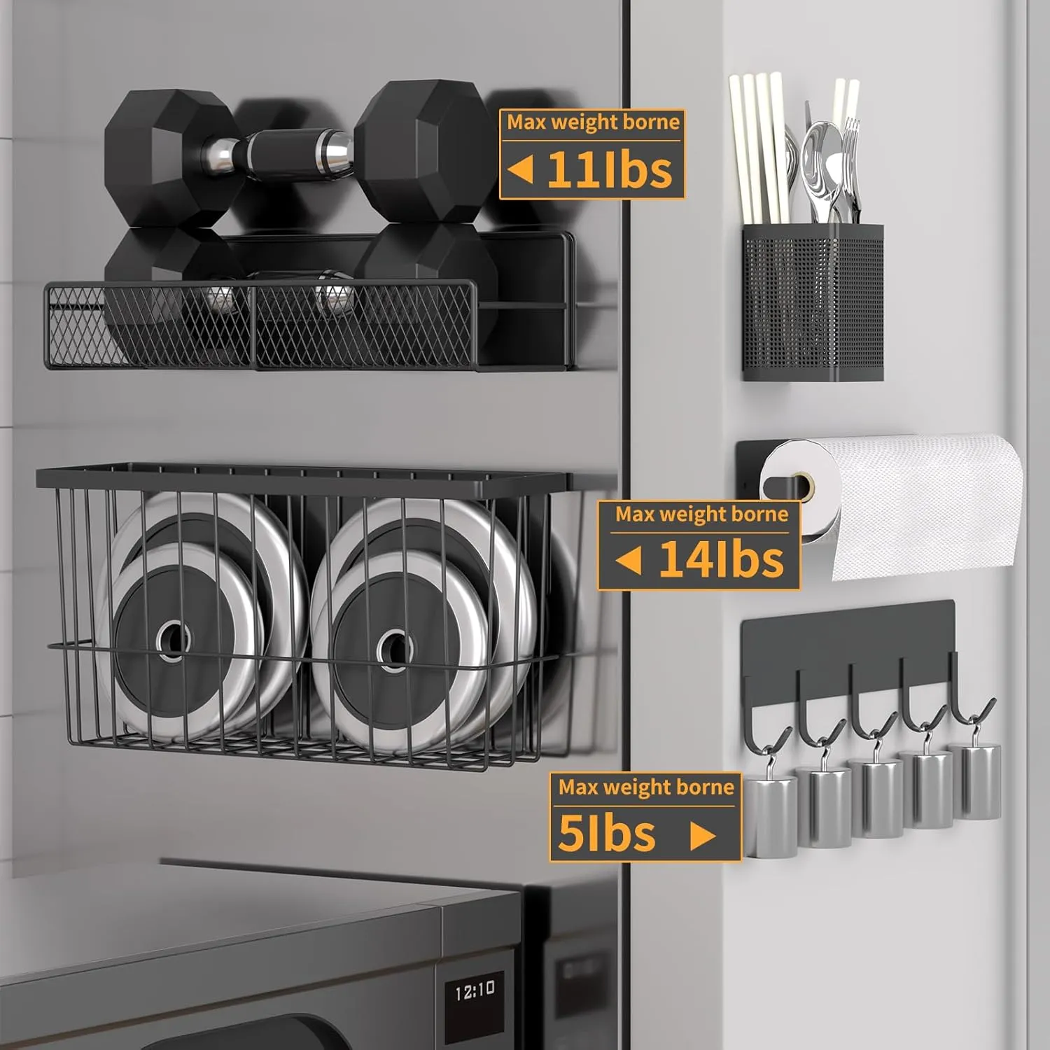Magnetic Spice Rack for Refrigerator, 7 Pack Metal Magnetic Shelf, Moveable Magnetic Storage Fridge Organizer, Spice Organizer, Hook Rack, Paper Towel Holder, Utensils Holder, Cutting Board Holder