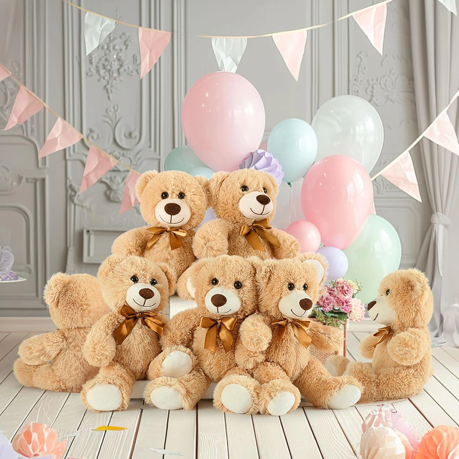 MaoGoLan 7Pcs Bulk Soft Stuffed Animals - Baby Shower, Wedding, Party, Engagement - 13.5" Cuddly Mini Teddy Bears Centerpiece