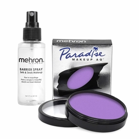 Mehron Makeup Paradise Makeup AQ & Barrier Spray Combo Pack | Before & After Setting Spray 2 fl oz (60 ml) Plus Pro Size Water Activated Face Paint & Body Paint 1.4 oz (40 g) (Purple)