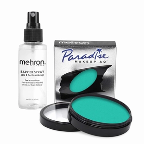 Mehron Makeup Paradise Makeup AQ & Barrier Spray Combo Pack | Before & After Setting Spray for Makeup 2 fl oz (60 ml) Plus Pro Size Water Activated Face Paint & Body Paint 1.4 oz (40 g) (Teal)