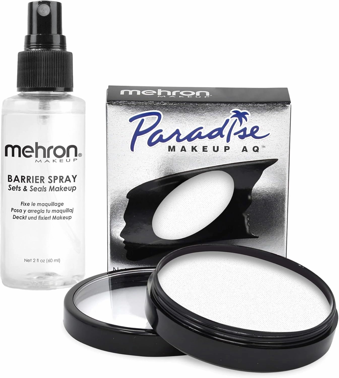 Mehron Paradise Makeup AQ & Barrier Spray Combo Pack | Before & After Setting Spray 2 fl oz (60 ml) Plus Pro Size Water Activated Face & Body Paint 1.4 oz (40 g) (White)