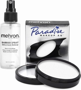 Mehron Paradise Makeup AQ & Barrier Spray Combo Pack | Before & After Setting Spray 2 fl oz (60 ml) Plus Pro Size Water Activated Face & Body Paint 1.4 oz (40 g) (White)