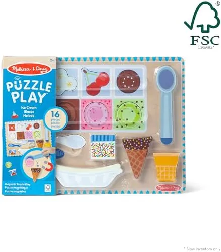 Melissa & Doug Ice Cream Wooden Magnetic Puzzle Play Set, 16 Magnet Pieces with Scooper, Wooden Play Food Toy for Boys and for Girls Ages 2 