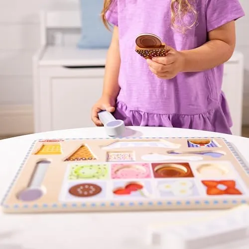 Melissa & Doug Ice Cream Wooden Magnetic Puzzle Play Set, 16 Magnet Pieces with Scooper, Wooden Play Food Toy for Boys and for Girls Ages 2 