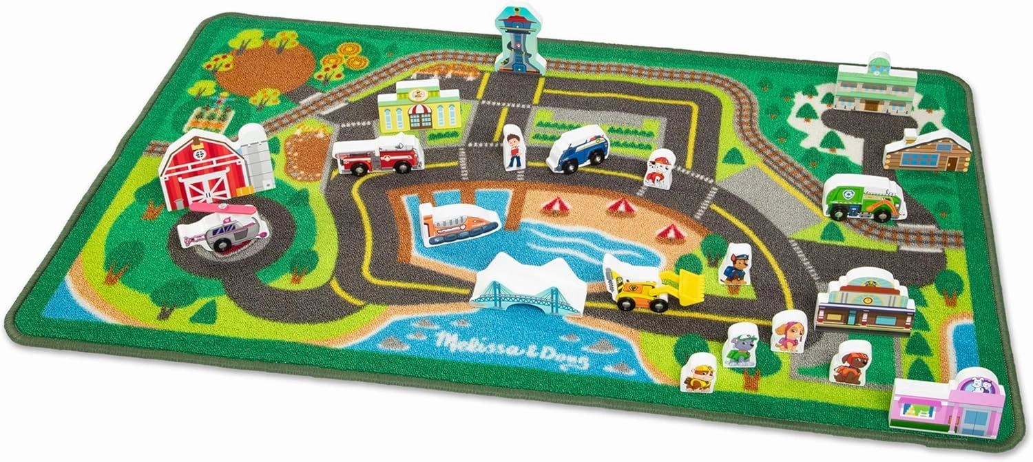 Melissa & Doug PAW Patrol Activity Rug - Adventure Bay (22 Pieces) PAW Patrol Town Mat with Wooden Toys for Ages 3 