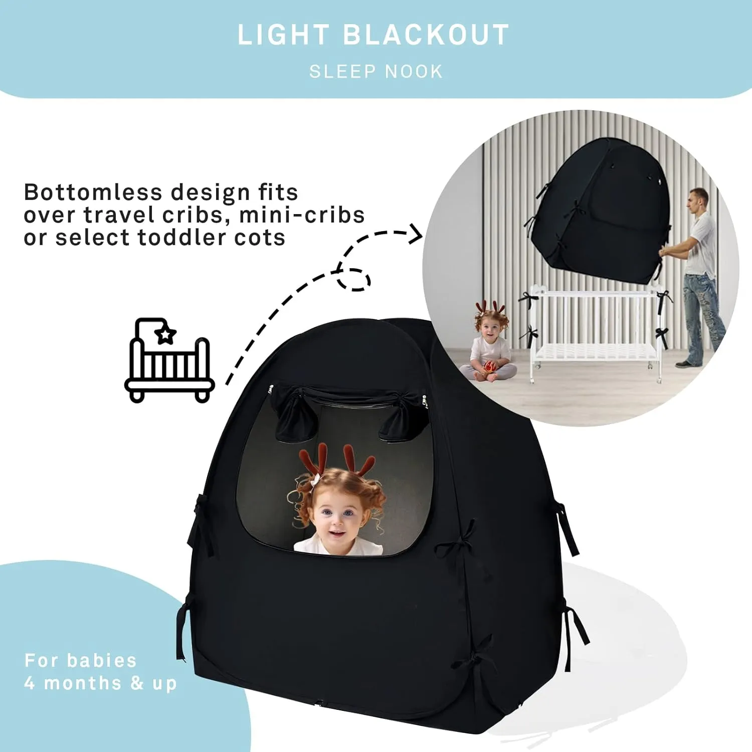 Mengersi Blackout Crib Tent Safety Pop Up Tent,Mini Crib and Pack N Play Tent Travel Crib Tent,Blackout Canopy Crib Cover, Sleep Pod for Kids Toddler Baby