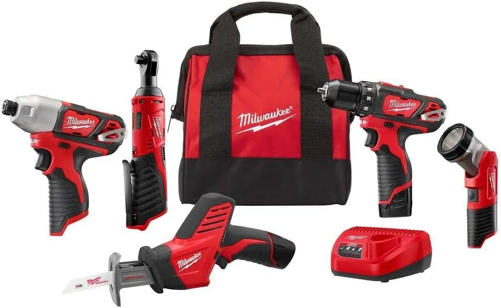 Milwaukee 2498-25 M12 12V Cordless 5-Tool Combo Kit: 2407-20 3/8 in.Drill/Driver   2462-20 1/4 in. Hex Impact Driver 2420-20 Hackzall Recip Saw 2457-20 3/8 in.Ratchet 49-24-0146 LED Worklight,YKGAV