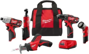 Milwaukee 2498-25 M12 12V Cordless 5-Tool Combo Kit: 2407-20 3/8 in.Drill/Driver   2462-20 1/4 in. Hex Impact Driver 2420-20 Hackzall Recip Saw 2457-20 3/8 in.Ratchet 49-24-0146 LED Worklight,YKGAV