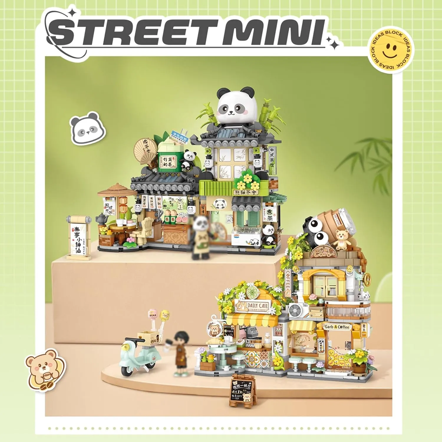 Mini City Shop Street View Building Blocks Model Set,Simulation Animals Architecture Collection Particle Construction Building Bricks Toy,Home Decoration (Panda Tea House)