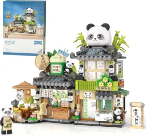 Mini City Shop Street View Building Blocks Model Set,Simulation Animals Architecture Collection Particle Construction Building Bricks Toy,Home Decoration (Panda Tea House)