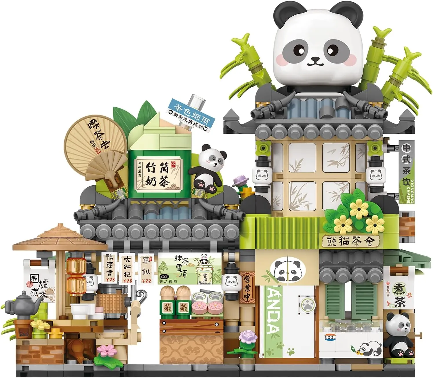 Mini City Shop Street View Building Blocks Model Set,Simulation Animals Architecture Collection Particle Construction Building Bricks Toy,Home Decoration (Panda Tea House)