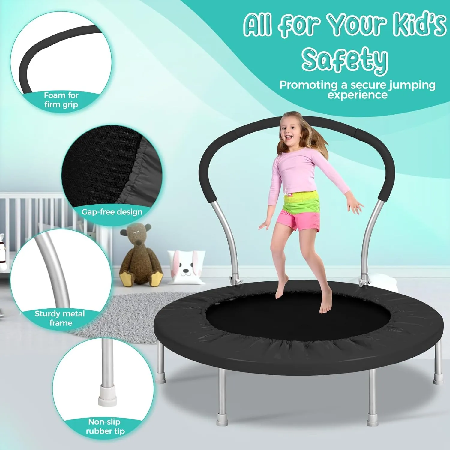Mini Trampoline for Kids, Indoor Toddler Trampoline with Handle, Child Small Rebounder Trampoline for Indoor and Outdoor Use