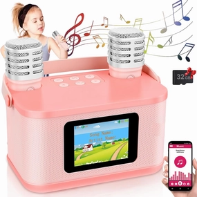 Mini Karaoke Machine for Kids, Upgraded Lyrics Screen Portable Kid Bluetooth Singing Speaker, 2 Wireless Microphone Karaoke Toys with SD Card Birthday Gifts Party Favors for 3, 4, 5, 6, 7, 8  Year Old