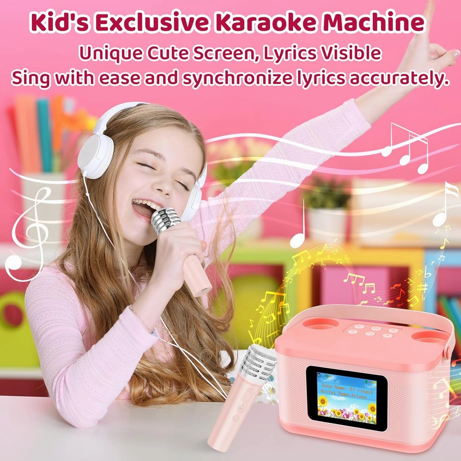 Mini Karaoke Machine for Kids, Upgraded Lyrics Screen Portable Kid Bluetooth Singing Speaker, 2 Wireless Microphone Karaoke Toys with SD Card Birthday Gifts Party Favors for 3, 4, 5, 6, 7, 8  Year Old