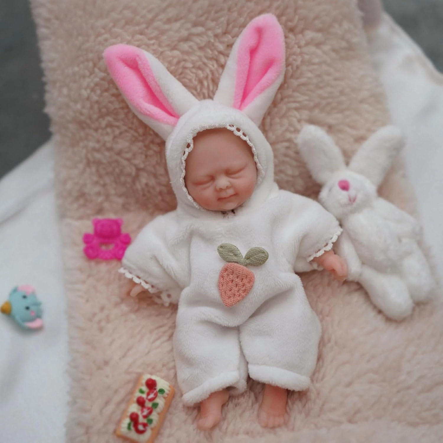 Mire & Mire Reborn Baby Dolls, 4.5" Girl Miniature Sleeping Full Silicone Mini Baby Dolls with Feeding Accessory Lifelike Soft -Bunny