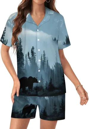 Misty Mountain Forests Animal Bear Women's Satin Pajama Set Short Sleeve Button Down Sleepwear Loungewear Pj Set