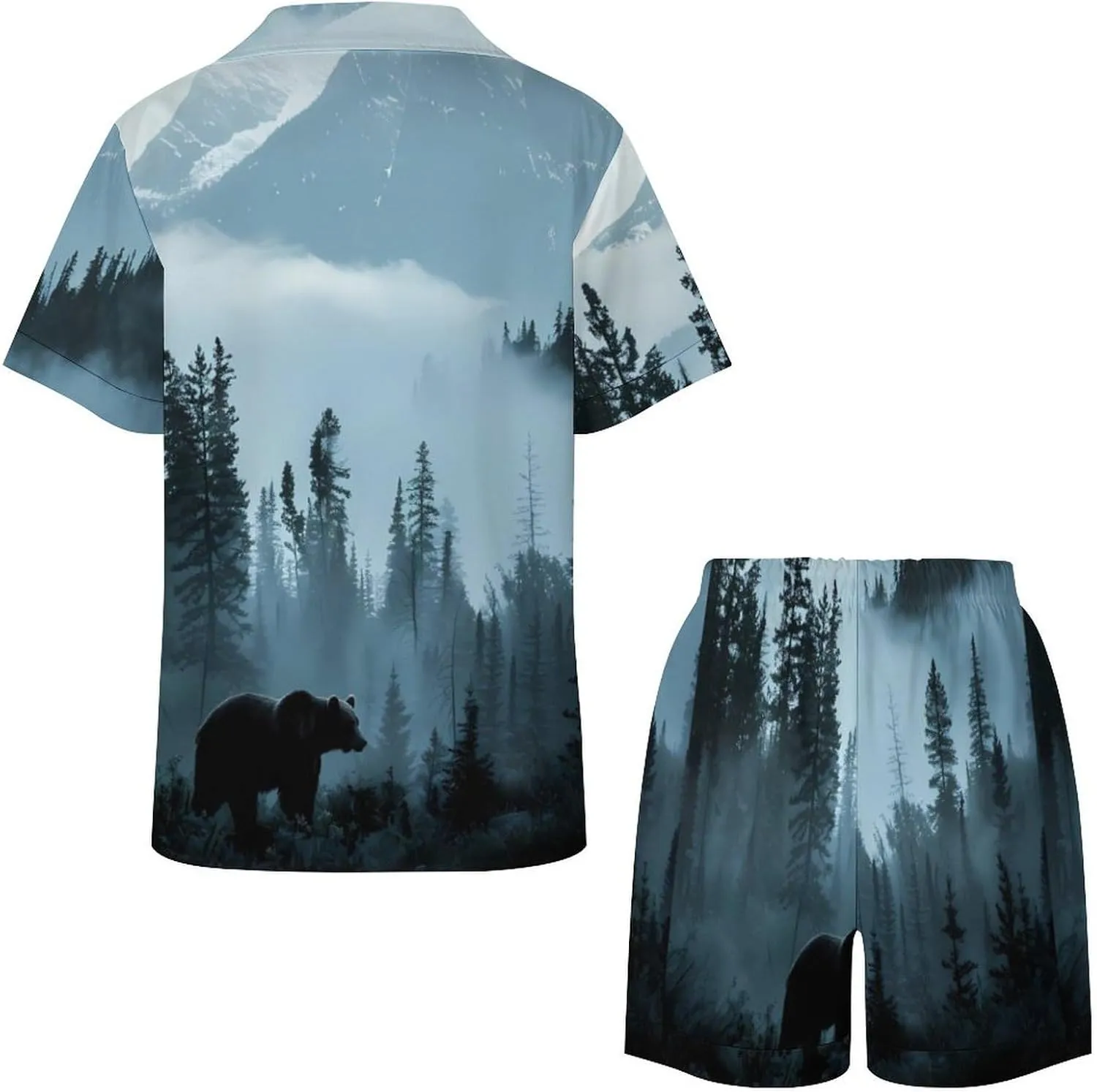 Misty Mountain Forests Animal Bear Women's Satin Pajama Set Short Sleeve Button Down Sleepwear Loungewear Pj Set