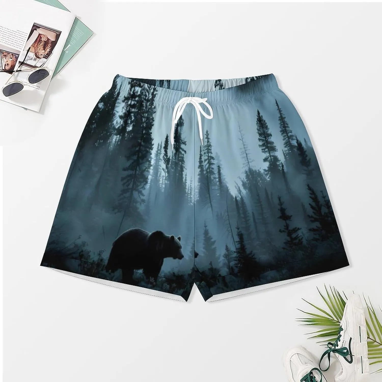 Misty Mountain Forests Animal Bear Women's Satin Pajama Set Short Sleeve Button Down Sleepwear Loungewear Pj Set