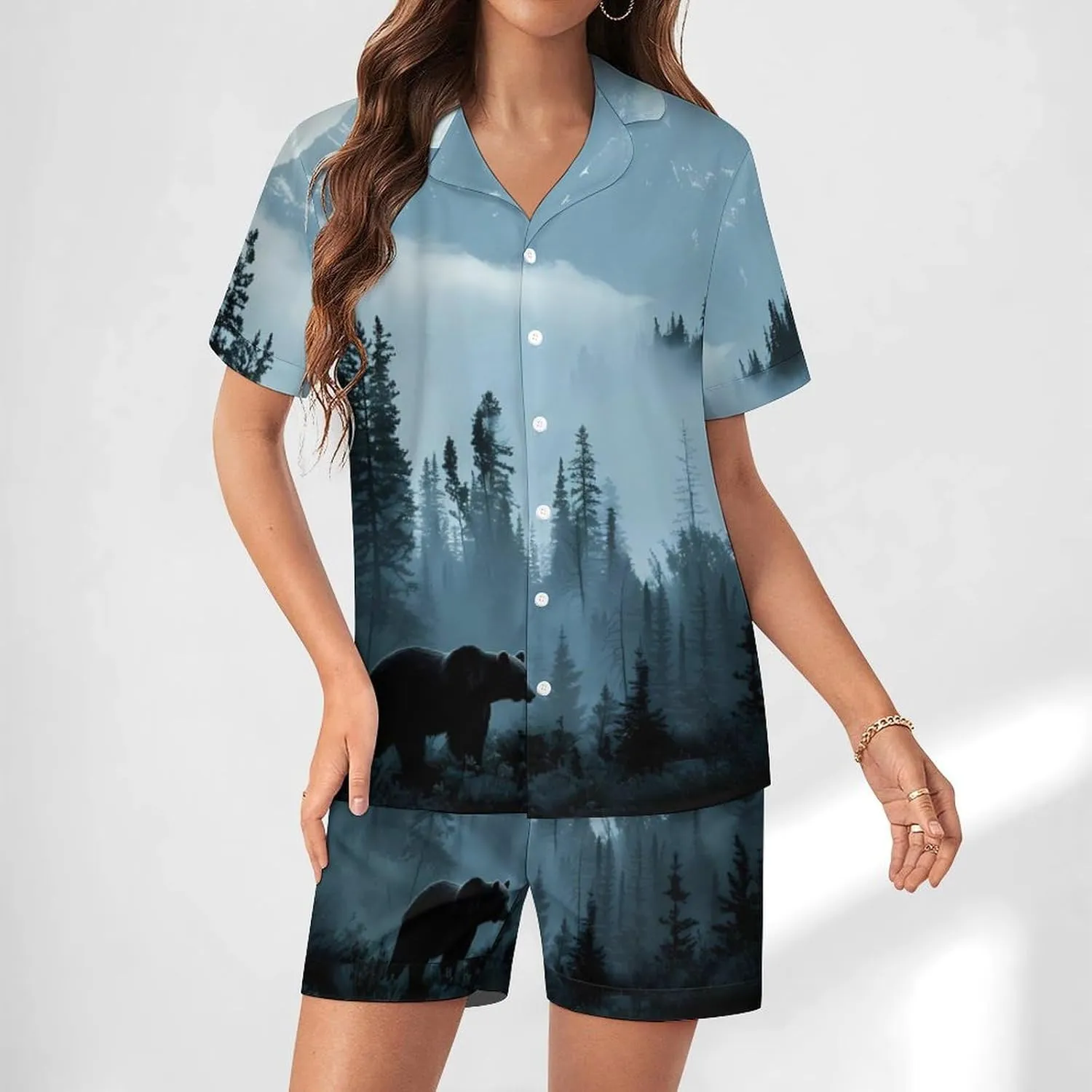 Misty Mountain Forests Animal Bear Women's Satin Pajama Set Short Sleeve Button Down Sleepwear Loungewear Pj Set