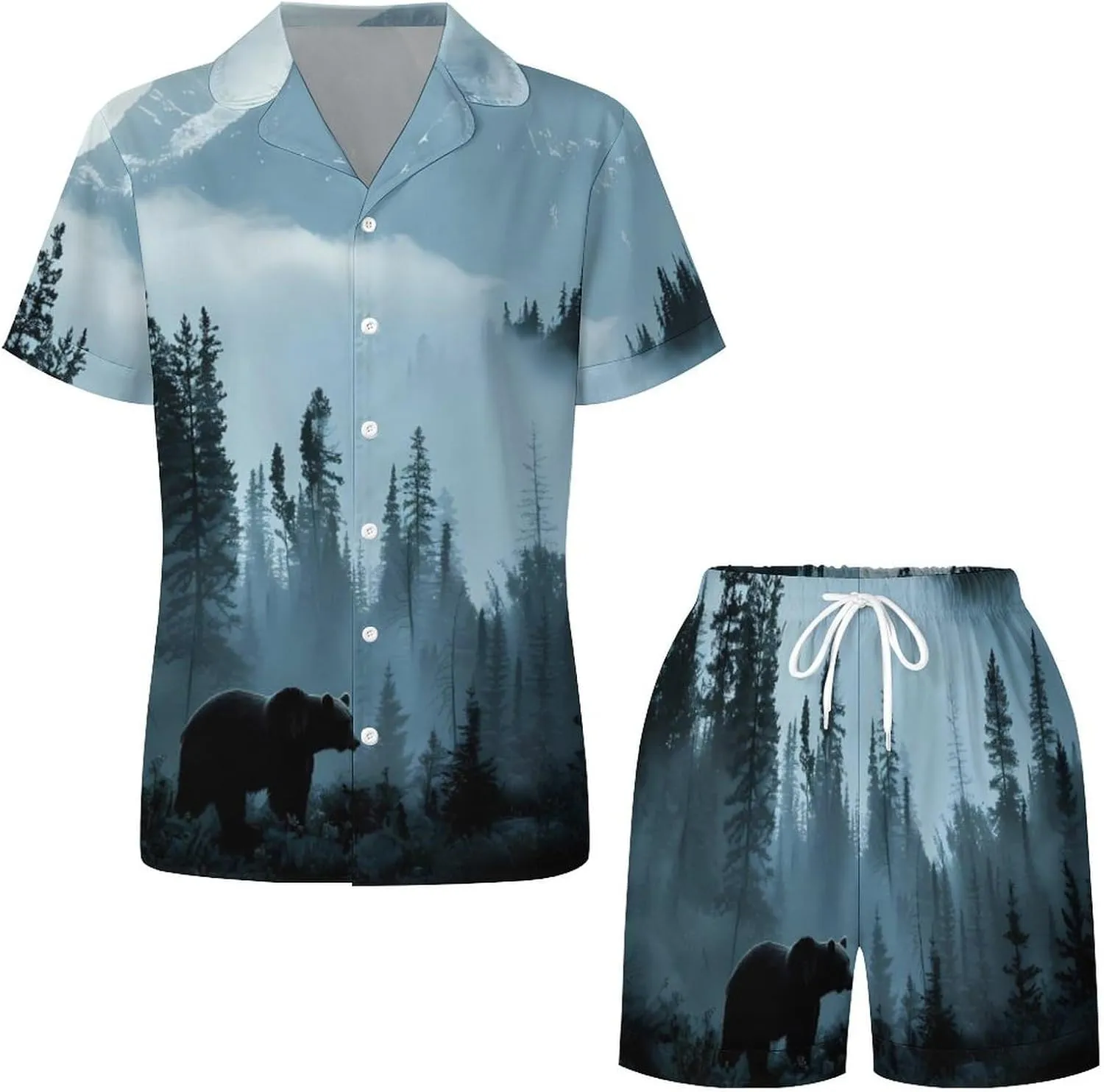 Misty Mountain Forests Animal Bear Women's Satin Pajama Set Short Sleeve Button Down Sleepwear Loungewear Pj Set