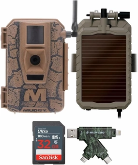 Mitigator Cellular 24MP Imaging Trail Camera with 80 Feet Detection and Flash Range Bundle with Solar Power Panel, 32GB Memory Card, and USB 2.0 Card Reader (4 Items)
