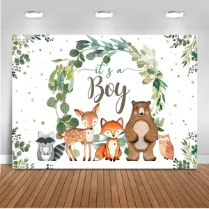 Mocsicka Woodland Baby Shower Backdrop It's a Boy Greenery Wreath Fox Bear Photo Backdrops Safari Jungle Animals Boy's Baby Shower Photography Background (8x6ft)