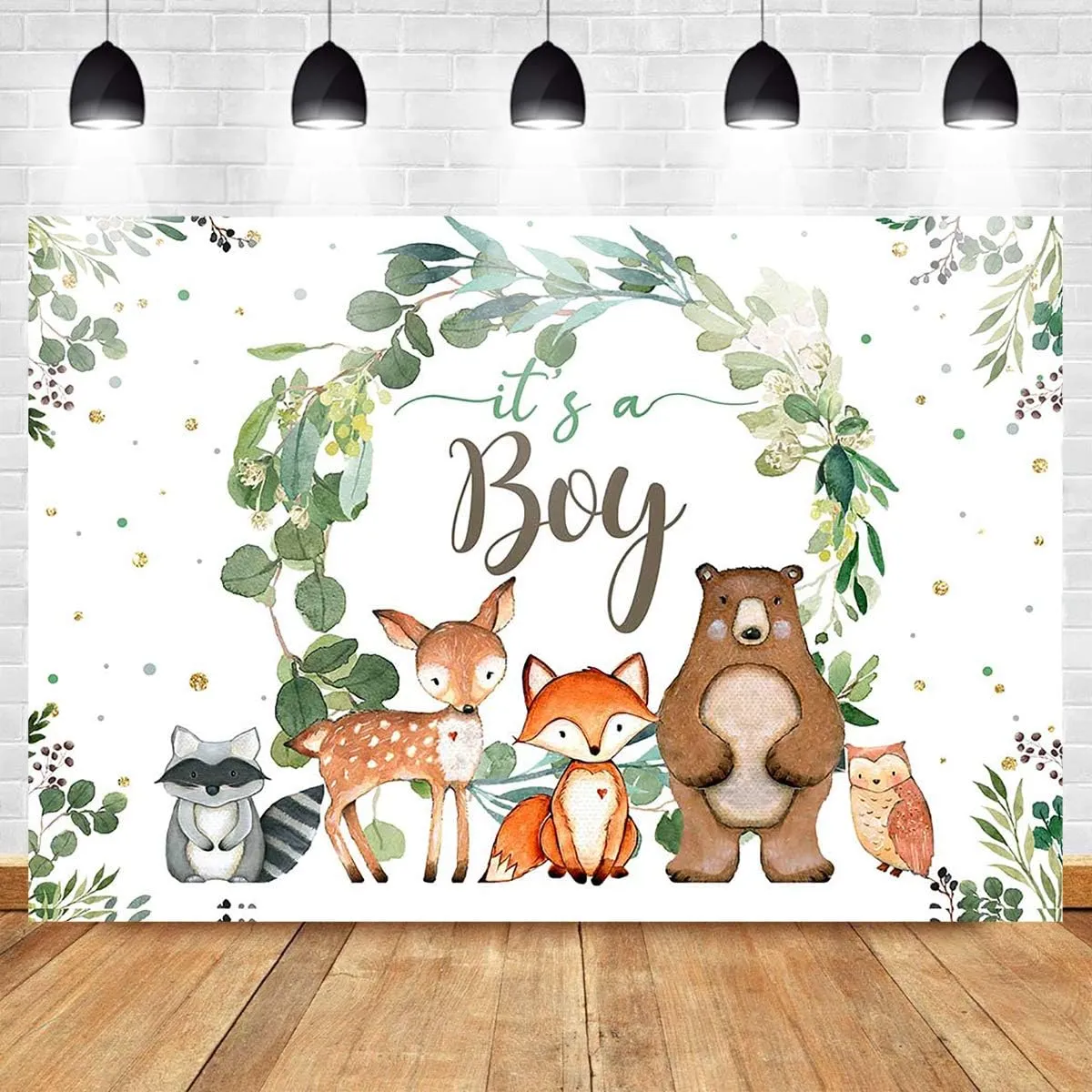 Mocsicka Woodland Baby Shower Backdrop It's a Boy Greenery Wreath Fox Bear Photo Backdrops Safari Jungle Animals Boy's Baby Shower Photography Background (8x6ft)