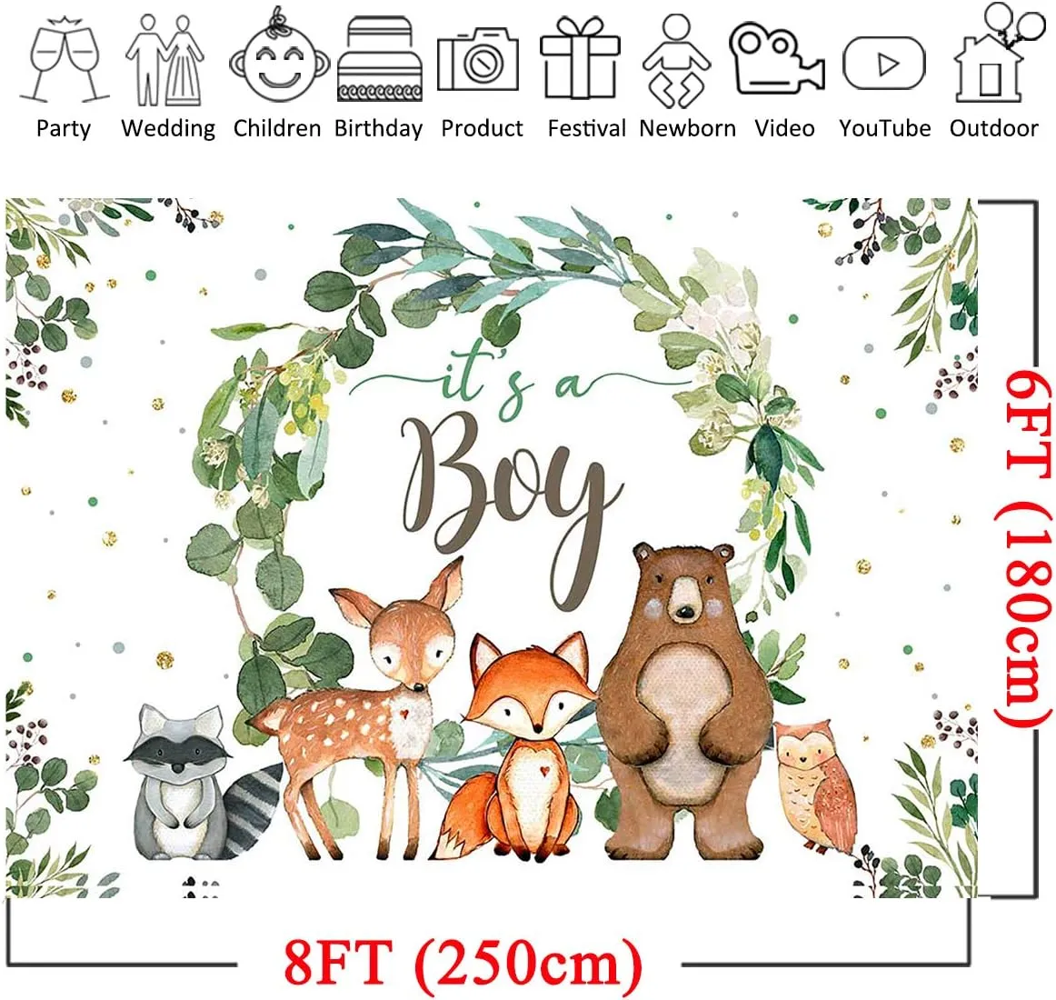 Mocsicka Woodland Baby Shower Backdrop It's a Boy Greenery Wreath Fox Bear Photo Backdrops Safari Jungle Animals Boy's Baby Shower Photography Background (8x6ft)