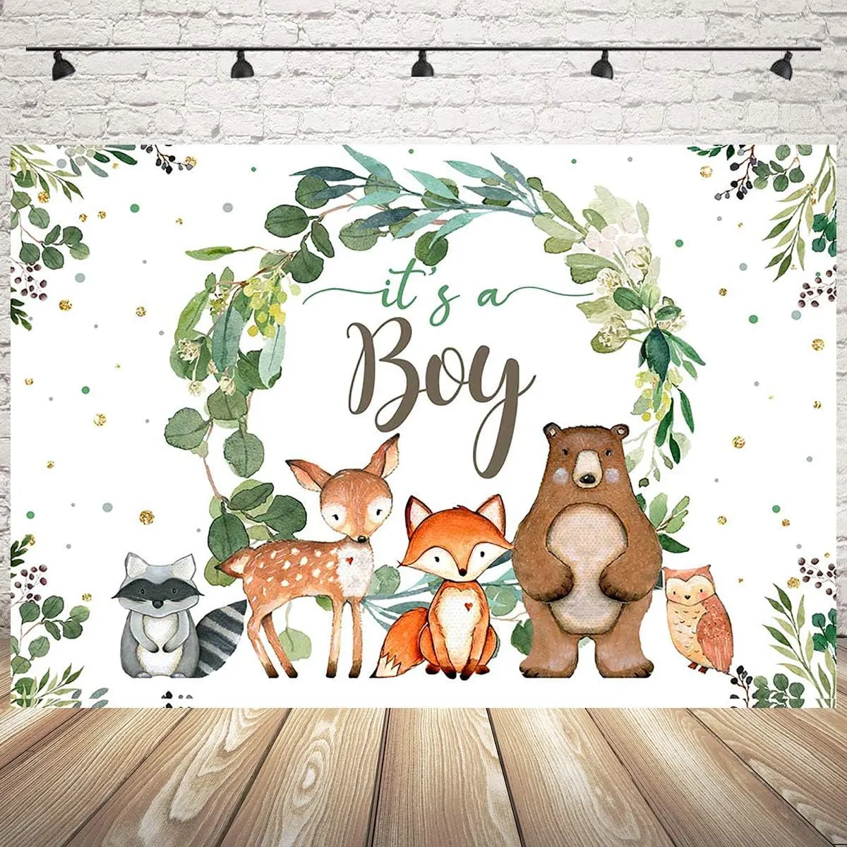 Mocsicka Woodland Baby Shower Backdrop It's a Boy Greenery Wreath Fox Bear Photo Backdrops Safari Jungle Animals Boy's Baby Shower Photography Background (8x6ft)