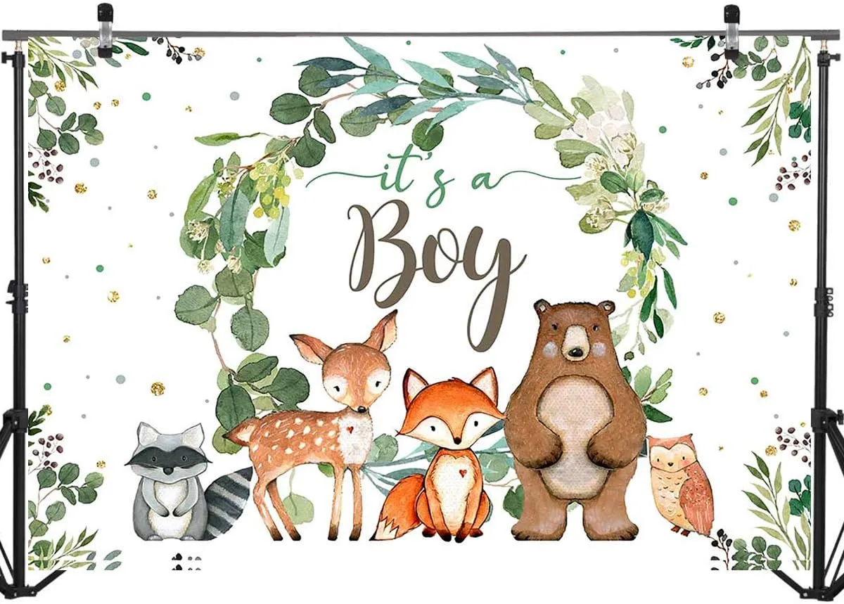 Mocsicka Woodland Baby Shower Backdrop It's a Boy Greenery Wreath Fox Bear Photo Backdrops Safari Jungle Animals Boy's Baby Shower Photography Background (8x6ft)