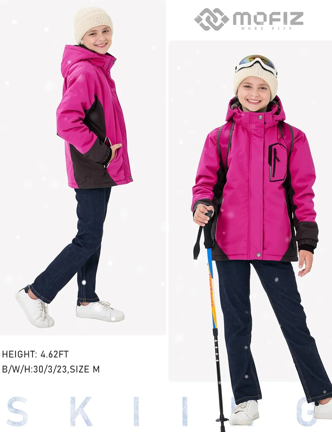 MoFiz Girls Ski Jacket Waterproof Fleece Lined Snowboard Jacket Warm Winter Snow Coats with Removable Hood
