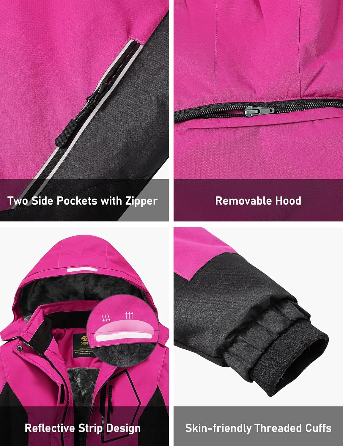 MoFiz Girls Ski Jacket Waterproof Fleece Lined Snowboard Jacket Warm Winter Snow Coats with Removable Hood