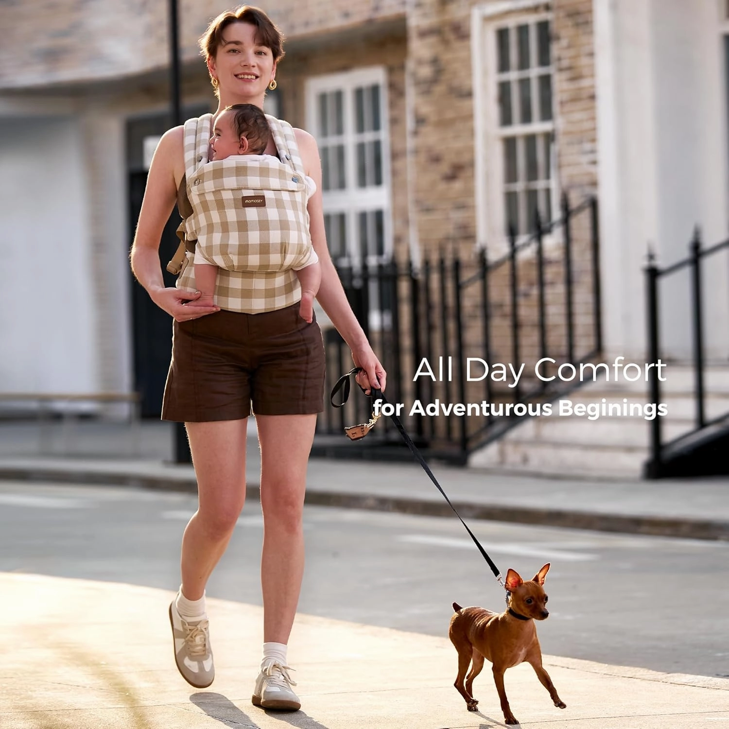 Momcozy Baby Carrier with Natural Cotton Linen, Built to Last, Ergonomic Design, Lightweight and Comfortable, Hands-Free for Moms&Dads, Brown Checkerboard
