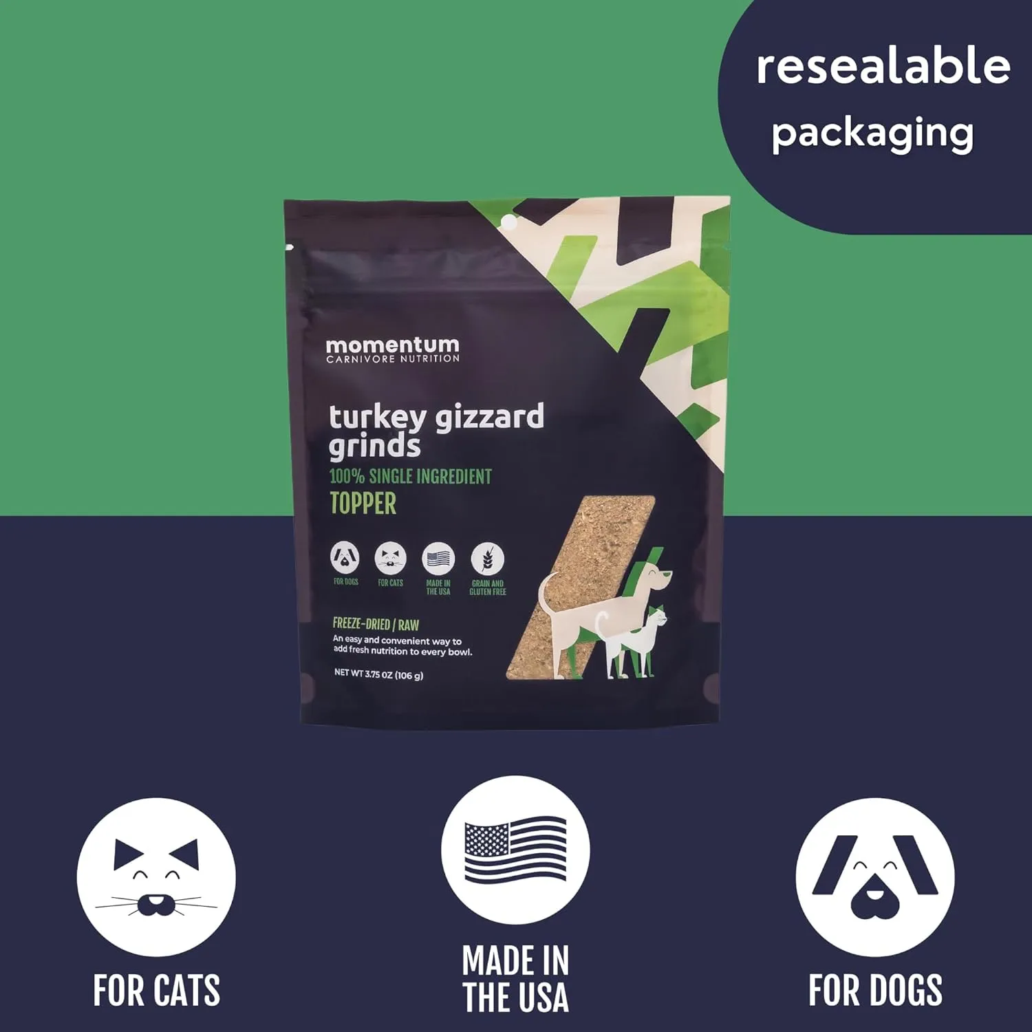 Momentum Carnivore Nutrition Freeze-Dried Turkey Gizzard Pet Food Topper – Single-Ingredient, All-Natural Topper – High-Protein for Dogs and Cats, Grain-Free and Made in The USA– (3.75 oz Bag)