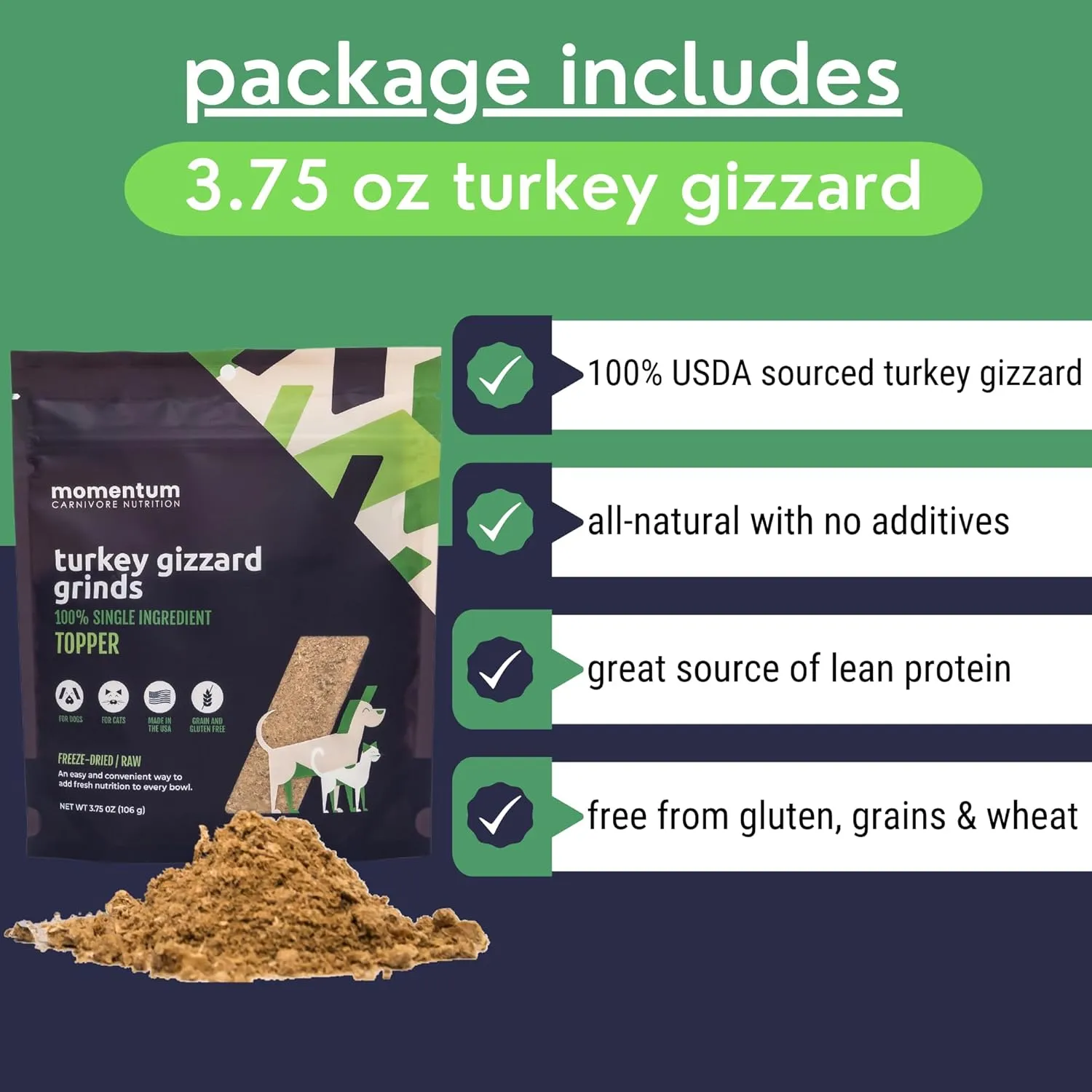 Momentum Carnivore Nutrition Freeze-Dried Turkey Gizzard Pet Food Topper – Single-Ingredient, All-Natural Topper – High-Protein for Dogs and Cats, Grain-Free and Made in The USA– (3.75 oz Bag)
