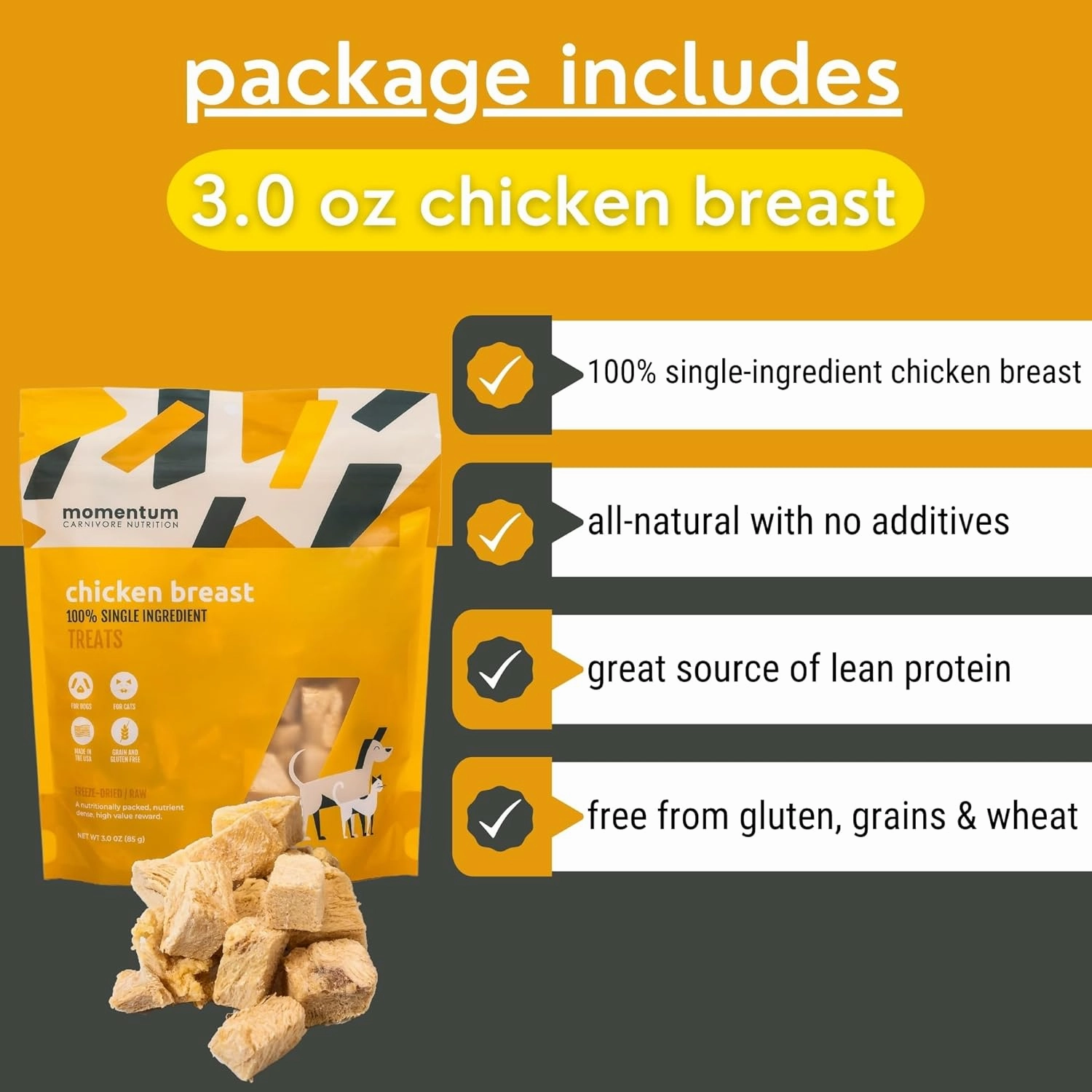 Momentum Carnivore Nutrition Freeze-Dried Chicken Breast Dog Treats – Single-Ingredient, Dog & Cat Treats – High-Protein, Grain-Free– 3 oz Pack