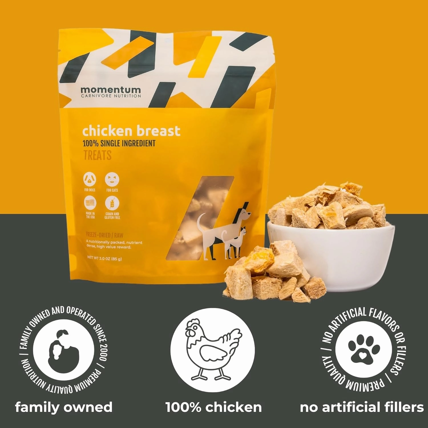 Momentum Carnivore Nutrition Freeze-Dried Chicken Breast Dog Treats – Single-Ingredient, Dog & Cat Treats – High-Protein, Grain-Free– 3 oz Pack