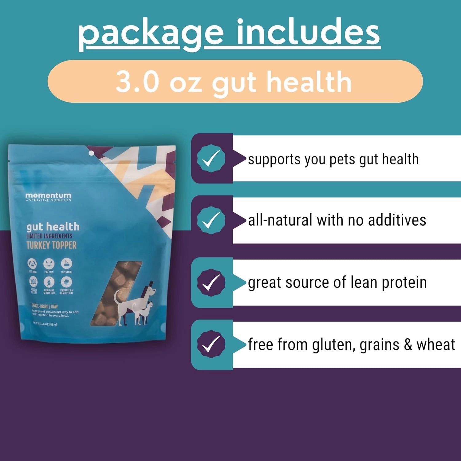 Momentum Carnivore Nutrition Freeze-Dried Gut Health Topper for Dogs & Cats – Grass-Fed Bison Tripe, Raw Goat Milk, Ginger & Dandelion Root – 3 oz Bag