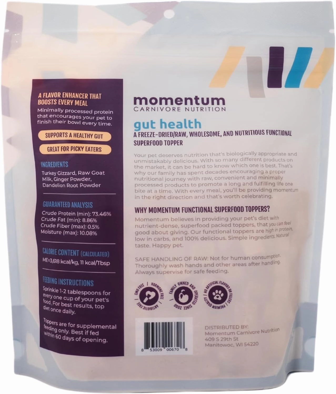 Momentum Carnivore Nutrition Freeze-Dried Gut Health Topper for Dogs & Cats – Grass-Fed Bison Tripe, Raw Goat Milk, Ginger & Dandelion Root – 3 oz Bag