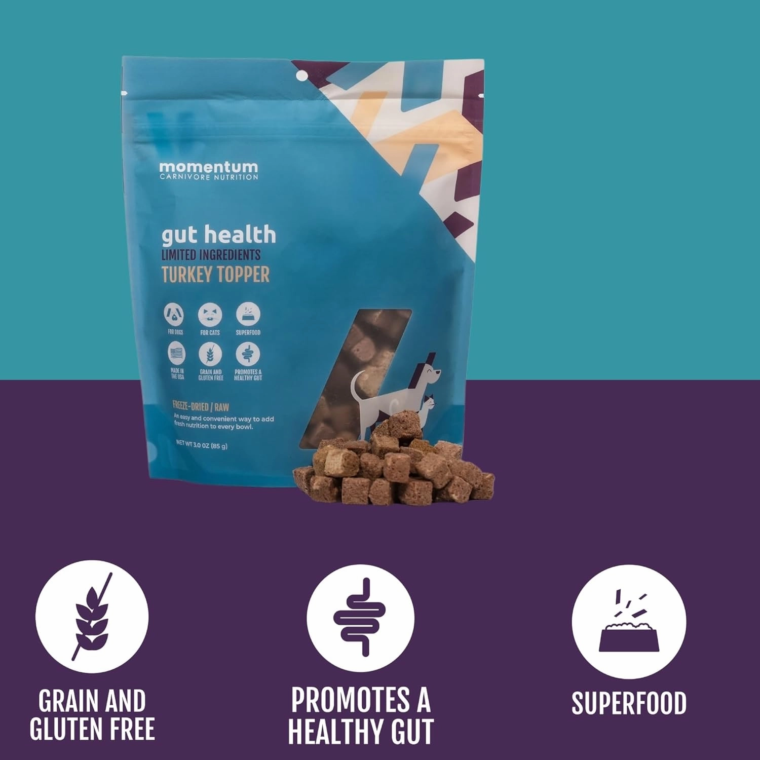 Momentum Carnivore Nutrition Freeze-Dried Gut Health Topper for Dogs & Cats – Grass-Fed Bison Tripe, Raw Goat Milk, Ginger & Dandelion Root – 3 oz Bag
