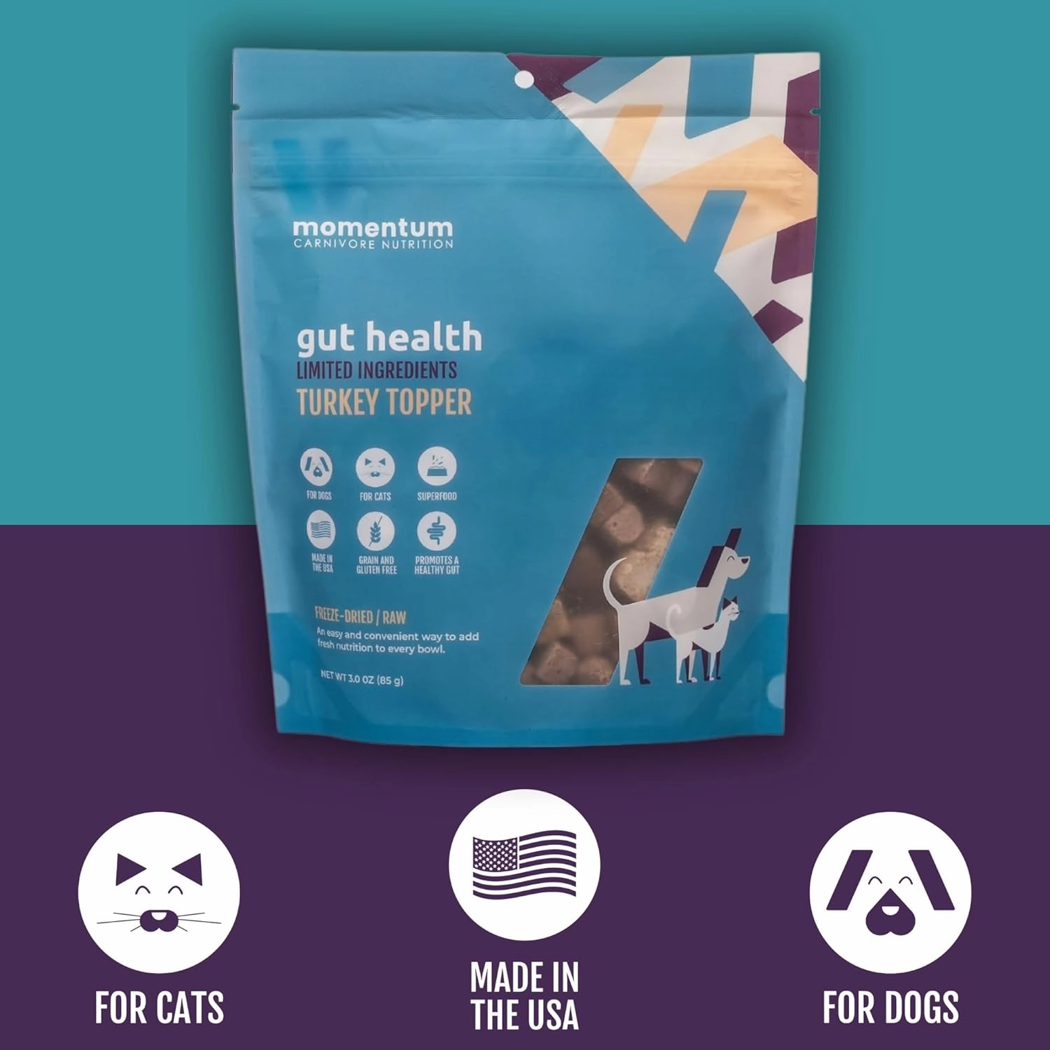 Momentum Carnivore Nutrition Freeze-Dried Gut Health Topper for Dogs & Cats – Grass-Fed Bison Tripe, Raw Goat Milk, Ginger & Dandelion Root – 3 oz Bag