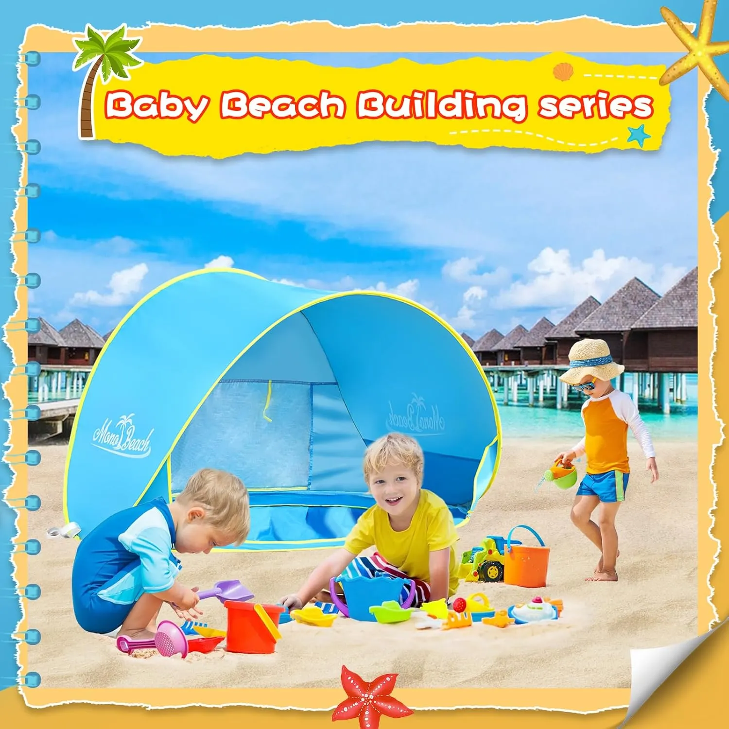 Monobeach Baby Beach Tent with Beach Sand Toys Pop Up Portable Shade Pool UPF50  UV Protection Sun Shelter for Infant with Easy Set Up Canopy (Blue with Toys)
