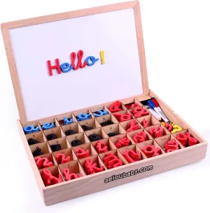 Montessori Magnetic Letters and Numbers | Cursive Alphabet Set with Uppercase, Lowercase, Numerals in EVA Foam | Reversible Whiteboard and Wooden Box | Educational Toy for Reading and Writing Skills