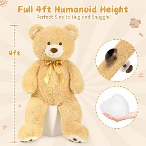 MorisMos Giant Teddy Bear Stuffed Animal 4ft, Big Teddy Bear Plush for Baby Shower, Life Size Stuffed Bear Gifts for Kids, Girls, Girlfriend, Women on Valentine, Christmas, Birthday（Light Brown）