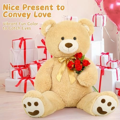 MorisMos Giant Teddy Bear Stuffed Animal 4ft, Big Teddy Bear Plush for Baby Shower, Life Size Stuffed Bear Gifts for Kids, Girls, Girlfriend, Women on Valentine, Christmas, Birthday（Light Brown）