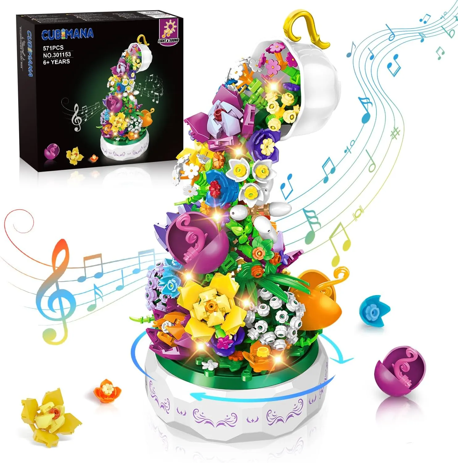 Mothers Day Flowers Music Box Building Set with Light - 571PCS Flower Botanical Bonsai Rotating Music Box Building Block Toy, Home Decor, Valentine's Day, Birthday Gift for 6-12 Years Kids Adults