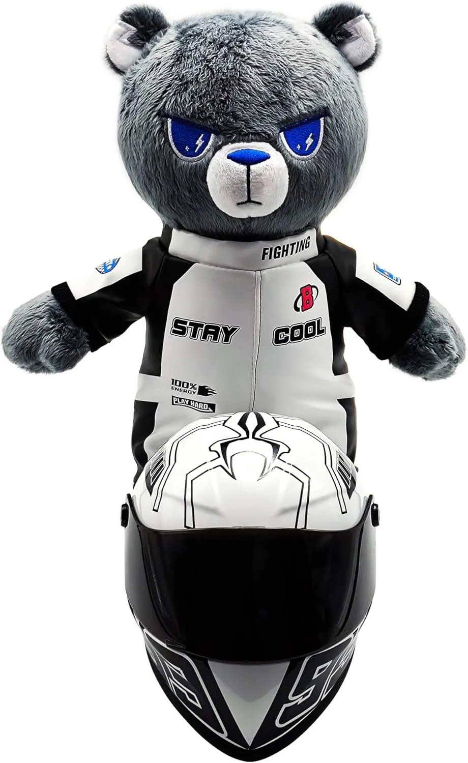 Motorcycle Bear Teddy Bear Doll with Helmet, Racing Bear, Helmet Bear, Blue Lightning Eyes, 12 in Tall, Great Set Gift for Male and Female Motorcyclists