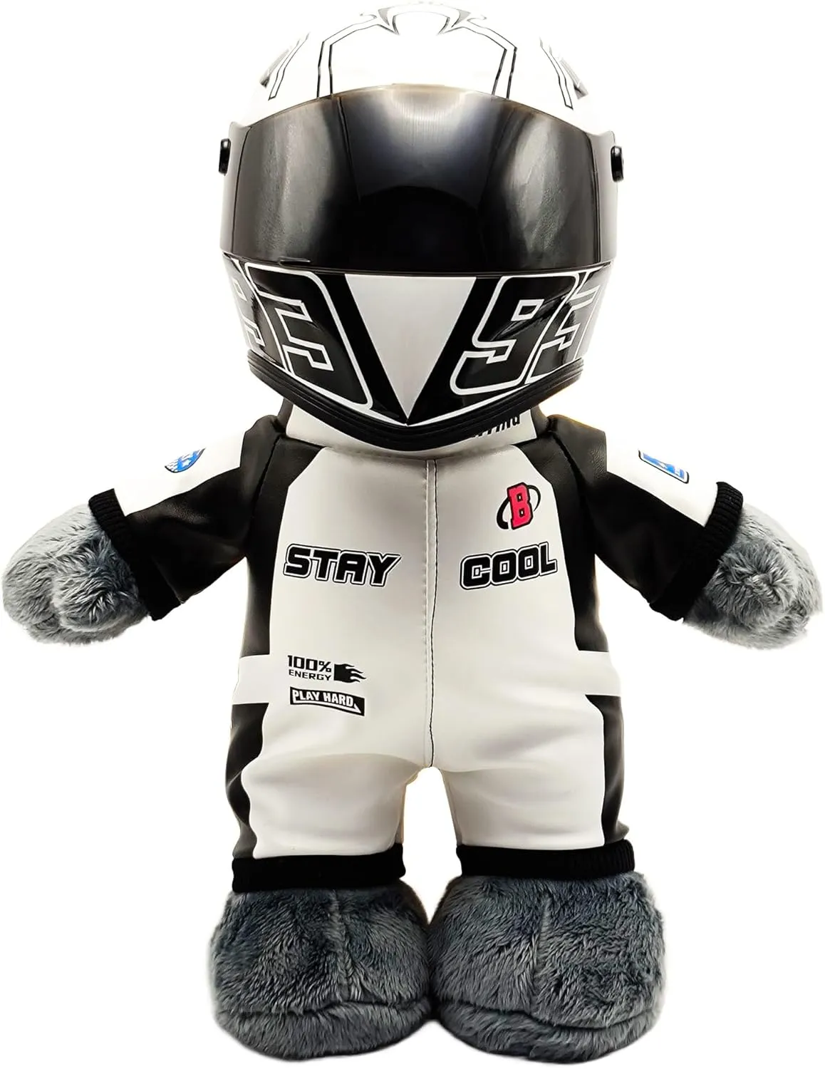 Motorcycle Bear Teddy Bear Doll with Helmet, Racing Bear, Helmet Bear, Blue Lightning Eyes, 12 in Tall, Great Set Gift for Male and Female Motorcyclists