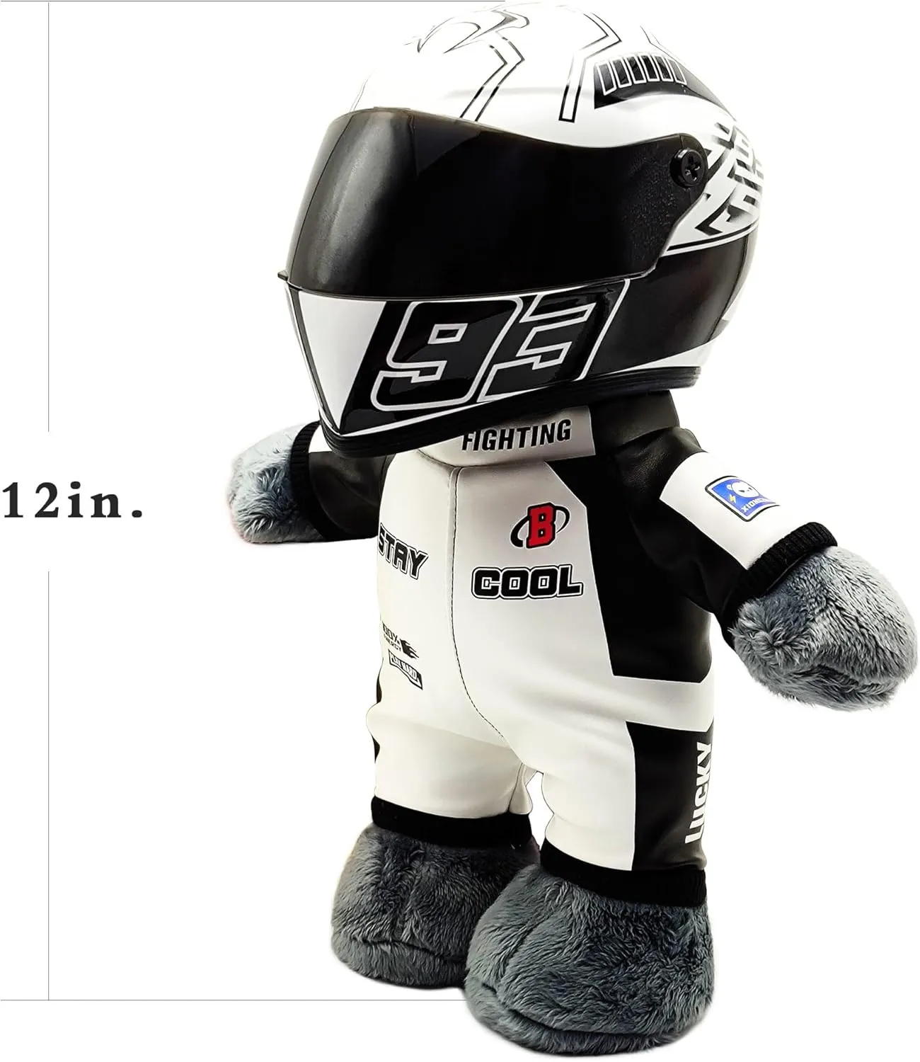 Motorcycle Bear Teddy Bear Doll with Helmet, Racing Bear, Helmet Bear, Blue Lightning Eyes, 12 in Tall, Great Set Gift for Male and Female Motorcyclists