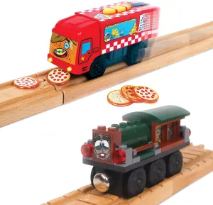 Motorized Train and Brick Built Train for Wooden Track - Pizza Themed Battery Operated Locomotive - Compatible With Block Brands - Electric Powered Engine for Wood Track - Pete-Za and Rustin' Dustin